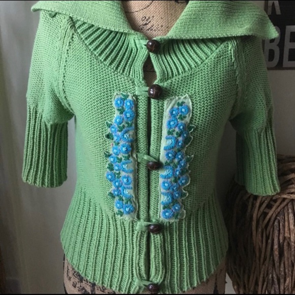 FREE PEOPLE Green Knit Sweater with Crochet Detail